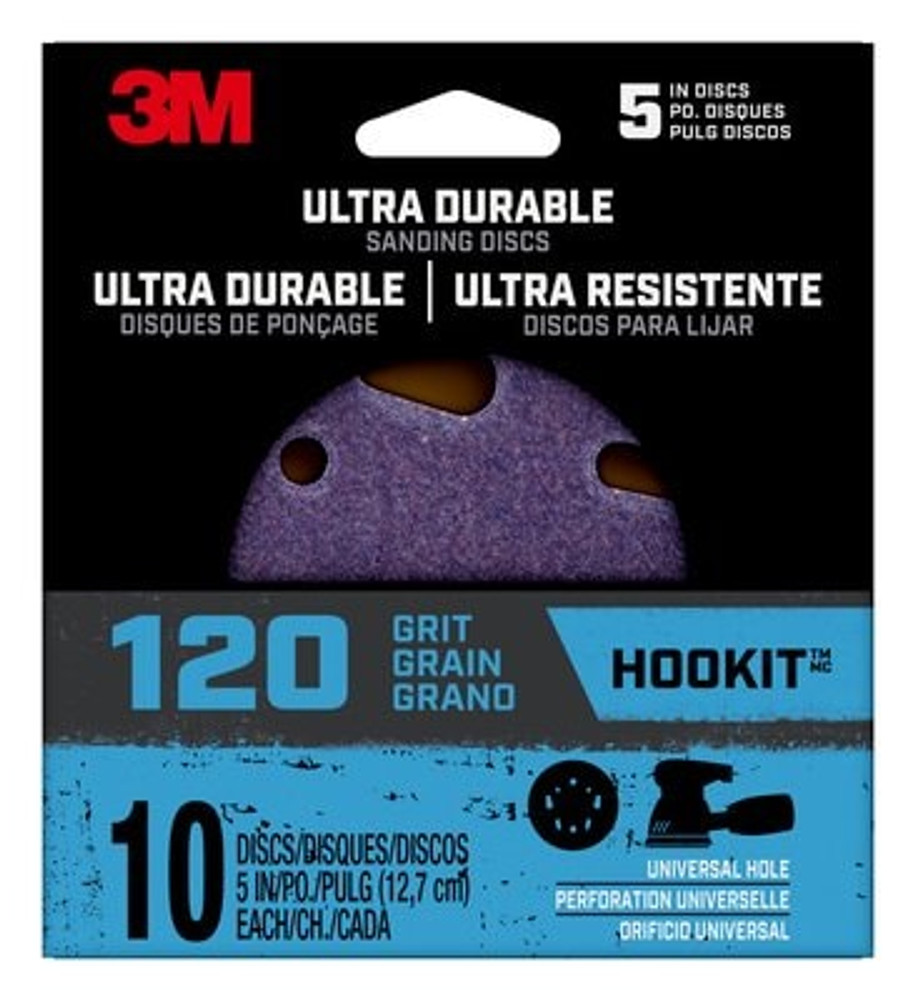 3M Ultra Durable 5" Power Sanding Discs, Universal Hole, 120 grit, Ds5in10pk120, 10/pk, 12/case