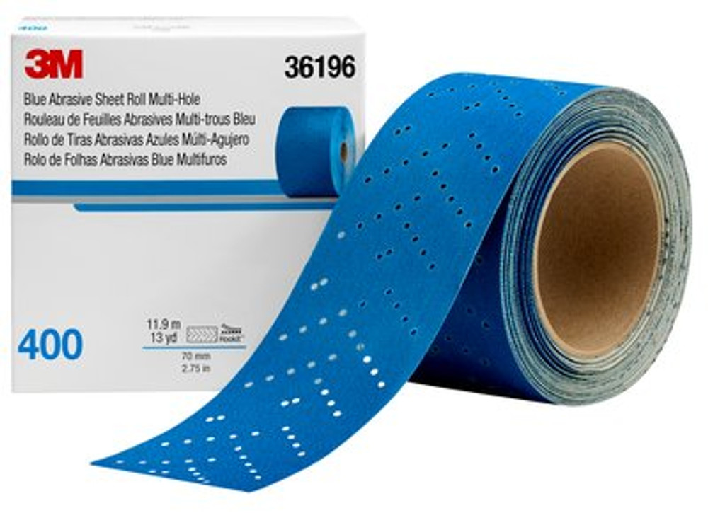 3M Hookit Abrasive Sheet Roll Multi-hole, 36196, 400, 2.75 in x 13 y, 4 cartons/case 36196 Industrial 3M Products & Supplies | Blue