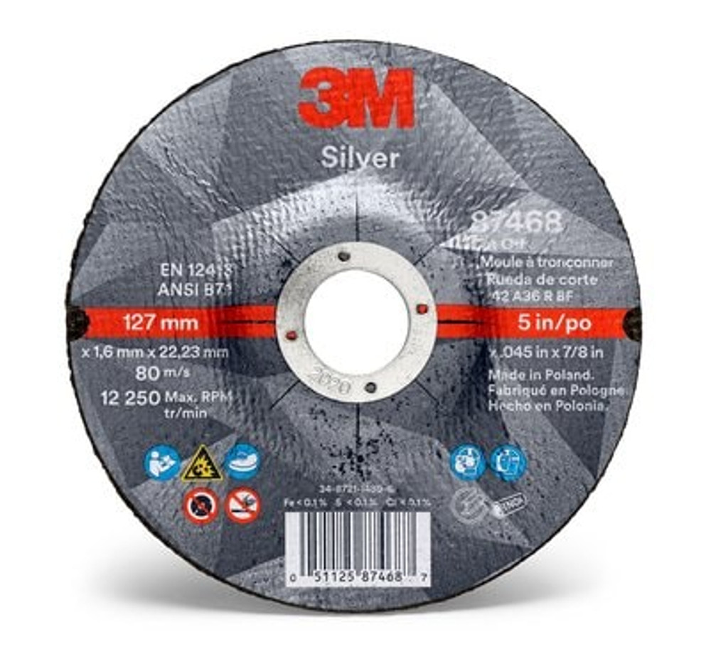 3M Silver Cut-Off Wheel, 87468, T27, 5 in x .045 in x 7/8 in, 50
ea/Case