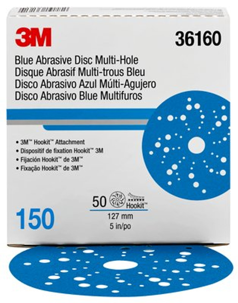 3M Hookit Blue Abrasive Disc 321U Multi-hole, 36160, 5 in, 150, 50
discs per carton, 4 cartons per case