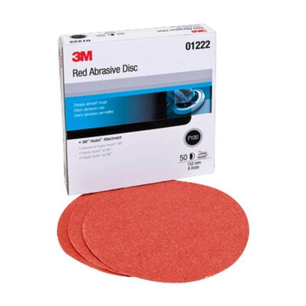 3M Hookit Abrasive Disc, 01222, 6 in, P180, 50 discs/carton, 6 cartons/case 1222 Industrial 3M Products & Supplies | Red