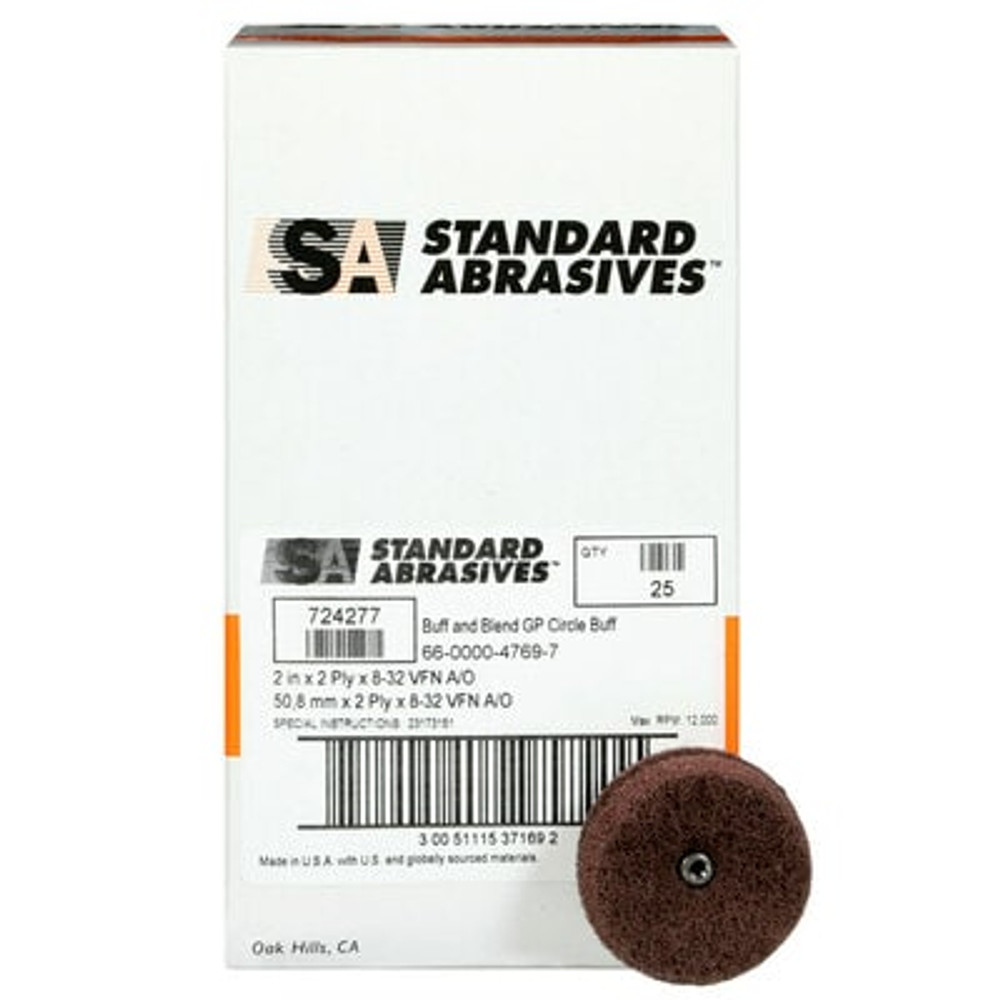 Standard Abrasives Buff and Blend Circle Buff GP 724277, A/O Very Fine,
2 in x 2 Ply x 8-32, 25/Carton, 250 ea/Case