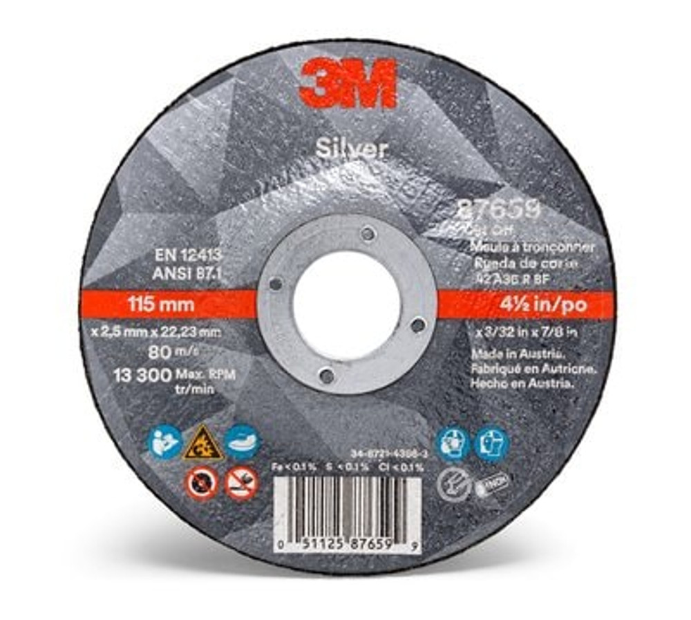 3M Silver Cut-Off Wheel, 87659, T27 4.5 in x 3/32 in x 7/8 in, 25/inner, 50/case 87659 Industrial 3M Products & Supplies | Black