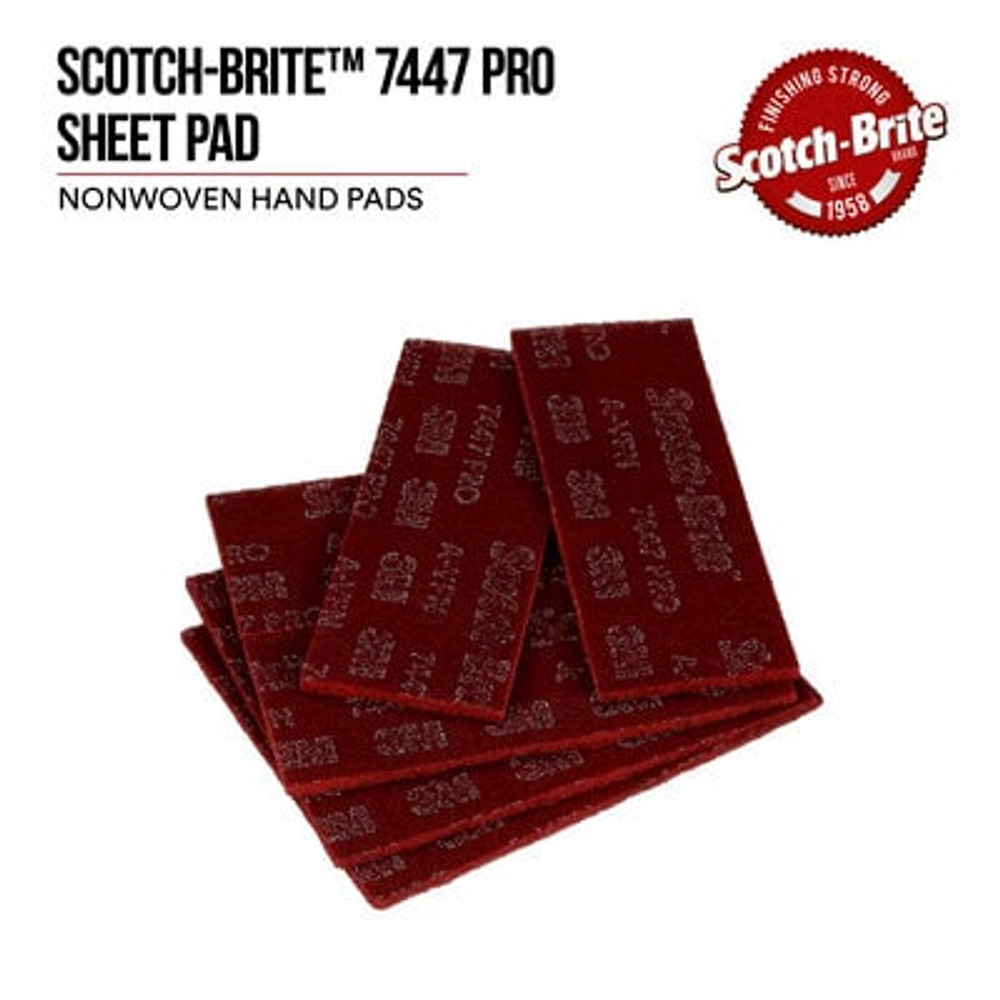 Scotch-Brite 7447 Pro Sheet Pad, PO-SH, A/O Very Fine, 3-2/3 in x 9 in, 100 each/case 64958 Industrial 3M Products & Supplies | Maroon