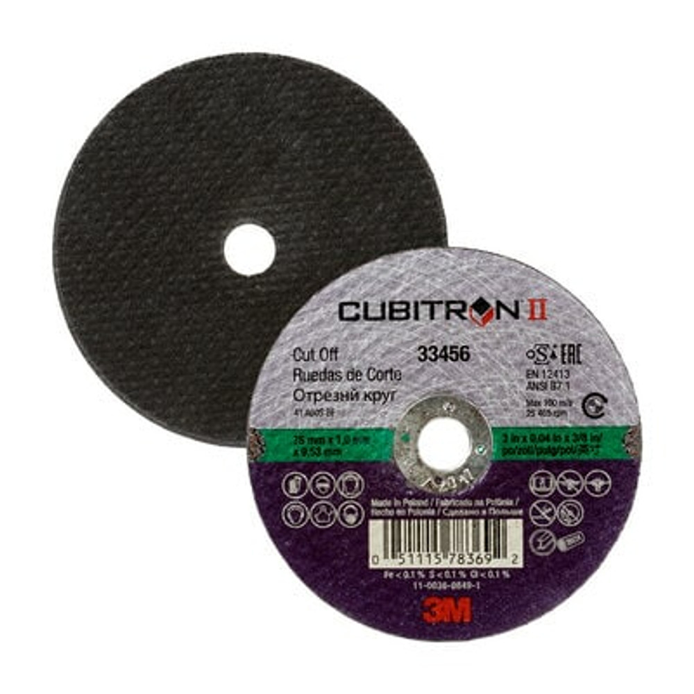 3M Cubitron II Cut-Off Wheel, 33456, 75 mm x 1 mm x 9.53 mm (3 in x
.04 in x 3/8 in), 5 wheels per carton, 6 cartons per case