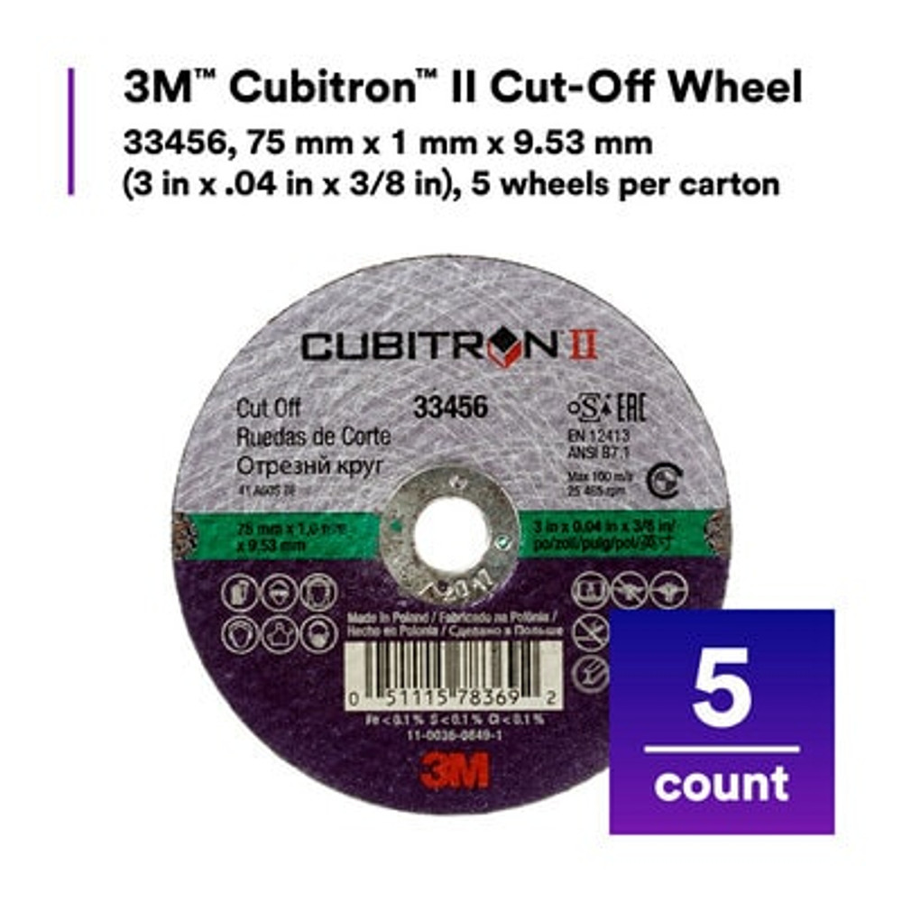 3M Cubitron II Cut-Off Wheel, 33456, 75 mm x 1 mm x 9.53 mm (3 in x
.04 in x 3/8 in), 5 wheels per carton, 6 cartons per case