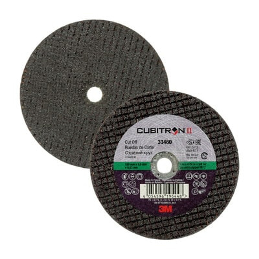 3M Cubitron II Cut-Off Wheel, 33460, 100 mm x 1 mm x 9.53 mm (4 in. x
0.04 in x 3/8 in), 5 wheels per carton, 6 cartons per case