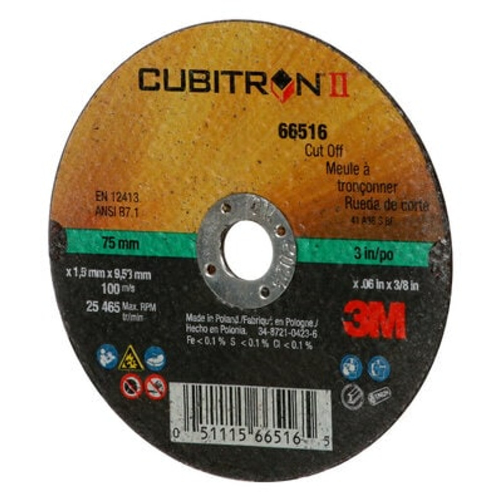 3M Cubitron II Cut-Off Wheel, 66516, 60, T1, 75 mm x 1.6 mm x 9.53 mm,25/inner, 50 each/case 66516 Industrial 3M Products & Supplies | Black