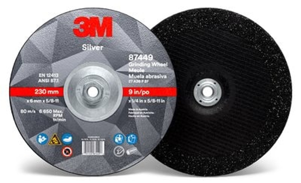 3M Silver Depressed Center Grinding Wheel 9 in. Front/Back view