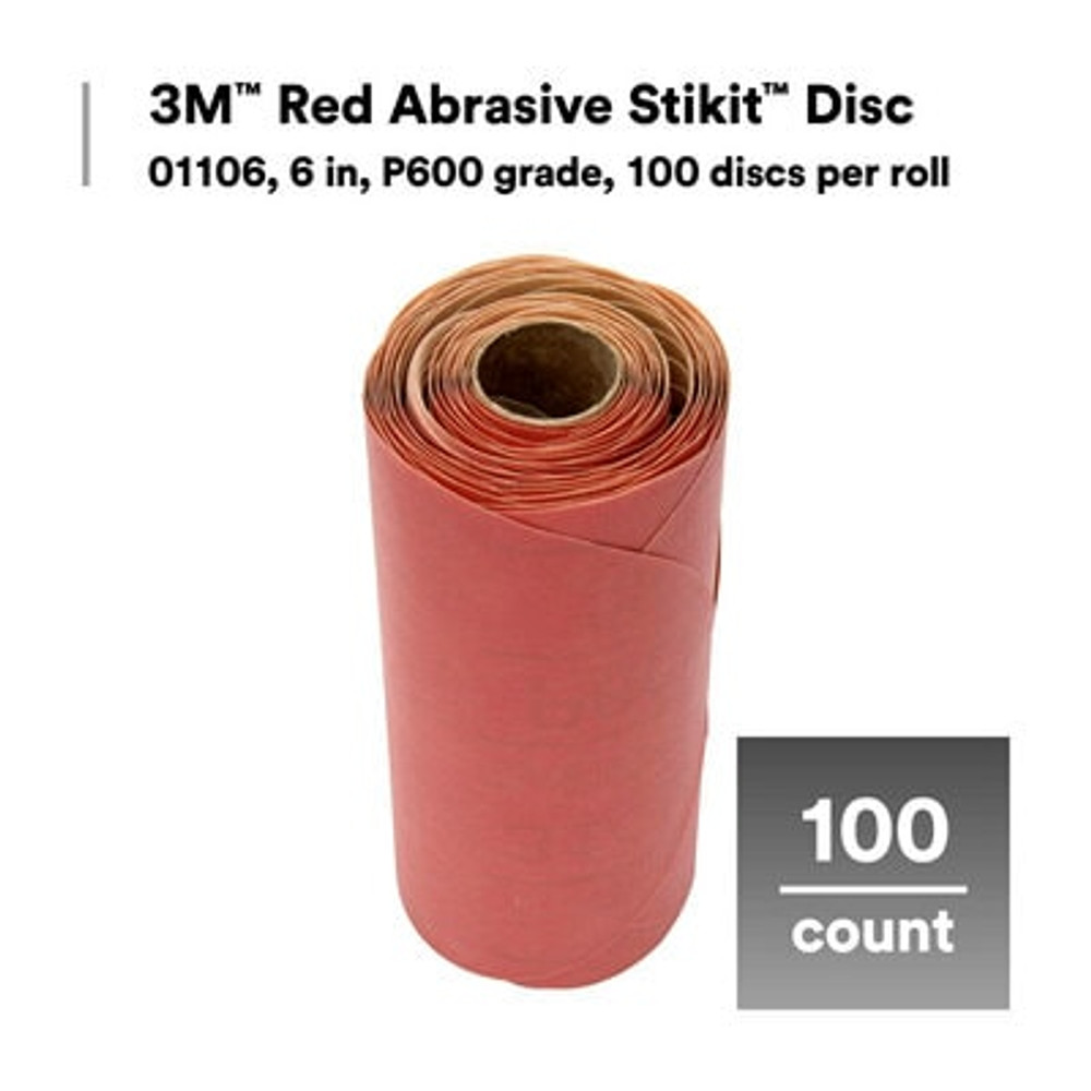 3M Abrasive Stikit Disc, 01106, 6 in, P600 grade, 100 discs perroll, 6 rolls/case 1106 Industrial 3M Products & Supplies | Red