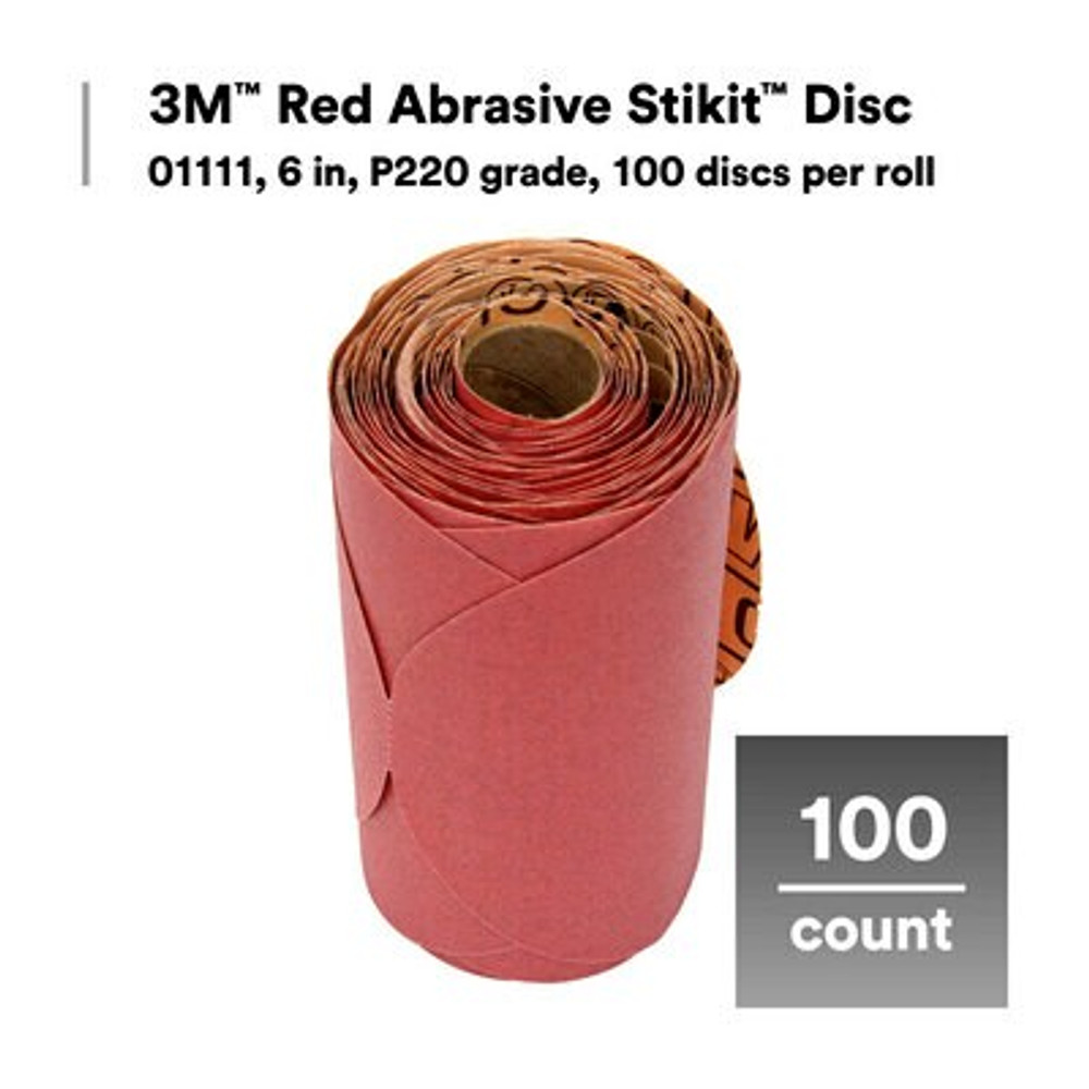 3M Abrasive Stikit Disc, 01111, 6 in, P220 grade, 100 discs perroll, 6 rolls/case 1111 Industrial 3M Products & Supplies | Red