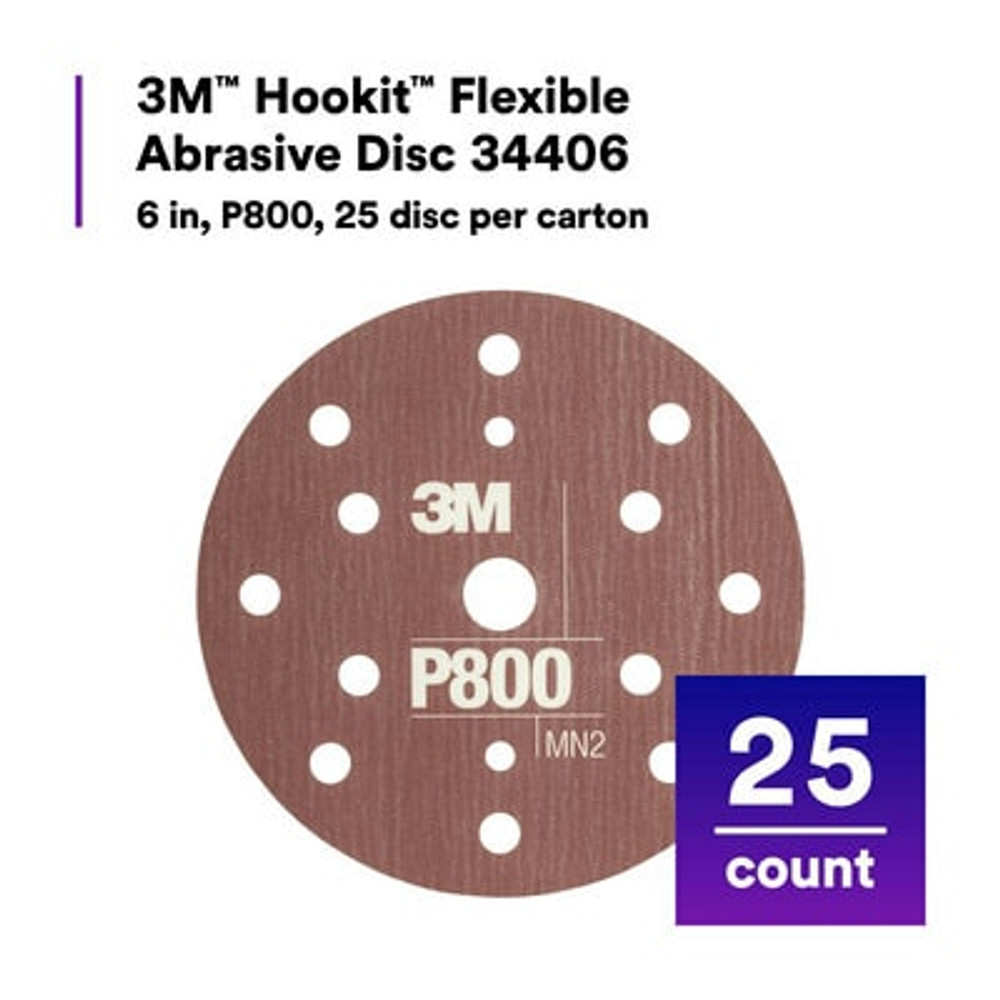 3M Hookit Flexible Abrasive Disc 270J, 34406, 6 in, Dust Free, P800,
25 disc per carton, 5 cartons per case