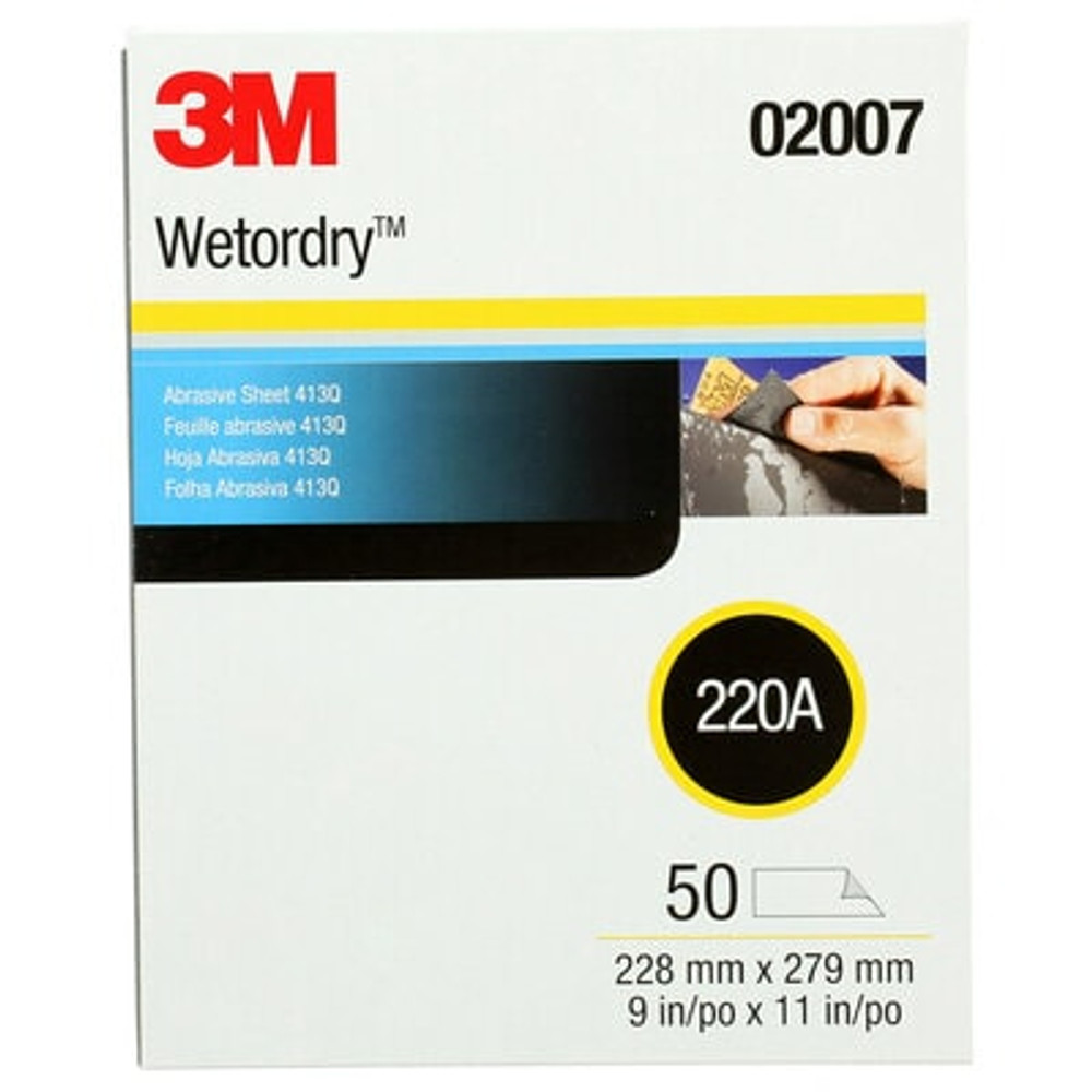 3M Wetordry Abrasive Sheet 413Q, 02007, 220, 9 in x 11 in, 50 sheetsper carton, 5 cartons/case 2007 Industrial 3M Products & Supplies | Black