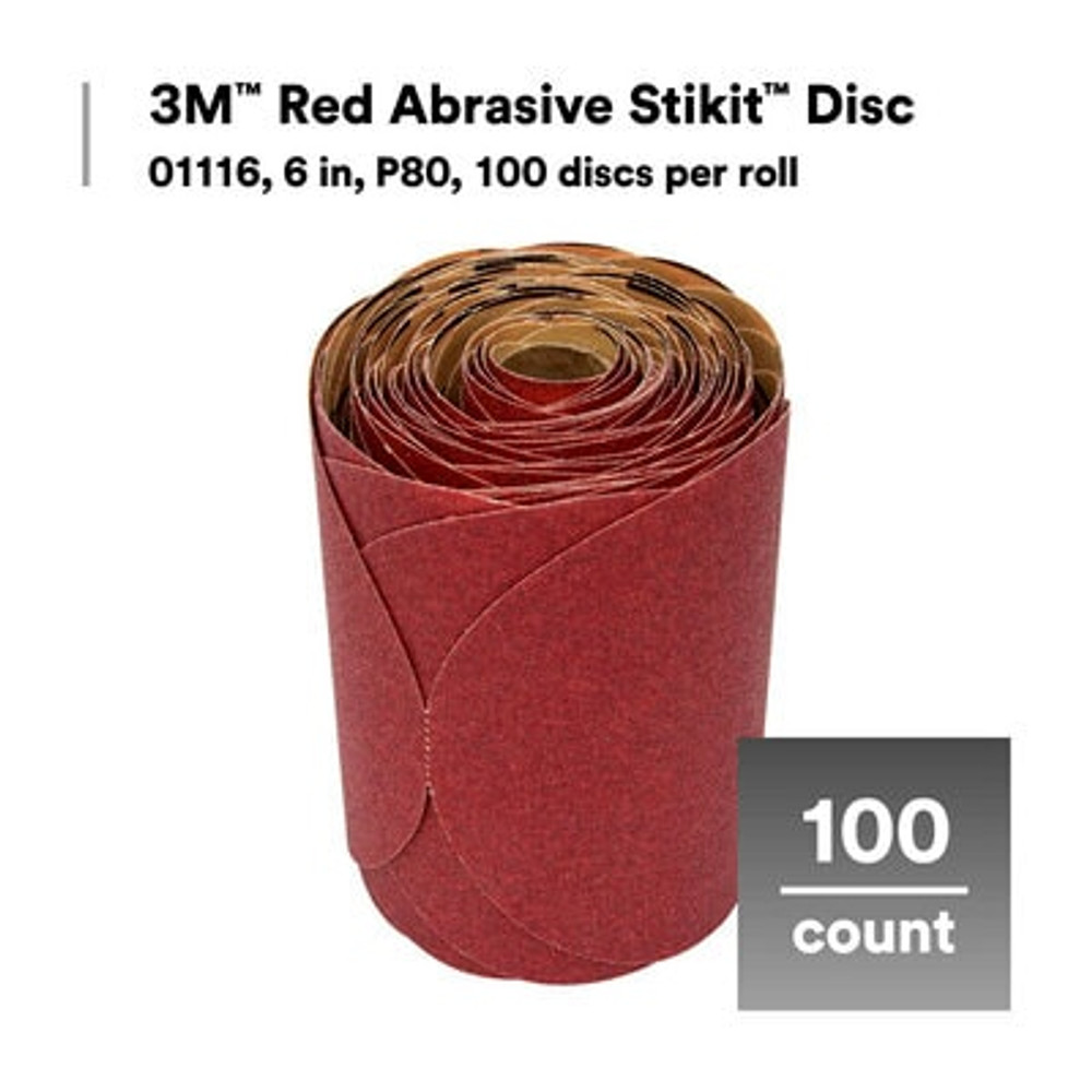 3M Abrasive Stikit Disc, 01116, 6 in, P80, 100 discs/roll, 6 rolls/case 1116 Industrial 3M Products & Supplies | Red
