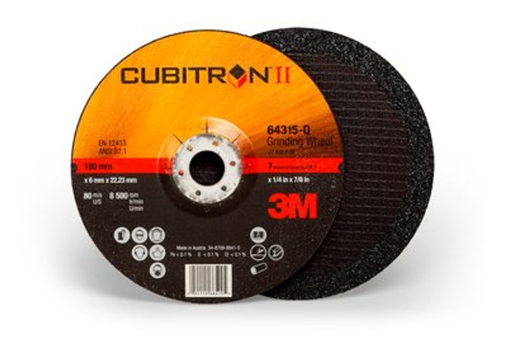 3M Cubitron II Depressed Center Grinding Wheel, 64315, T27, 7 in x 1/4in x 7/8 in, 10/inner, 20/case 64315 Industrial 3M Products & Supplies | Black