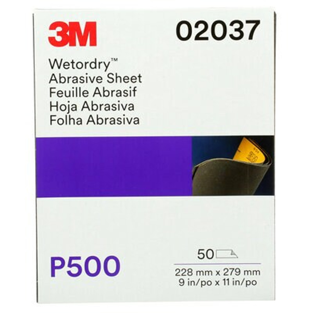 3M Wetordry Abrasive Sheet, 02037, P500, 9 in x 11 in, 50 sheets percarton, 5 cartons/case 2037 Industrial 3M Products & Supplies | Black