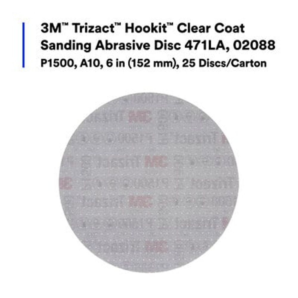 3M Trizact Hookit Clear Coat Sanding Abrasive Disc 471LA, 02088, P1500, A10, 150 mm, 25 Discs/Carton, 4 Cartons/Case 90733