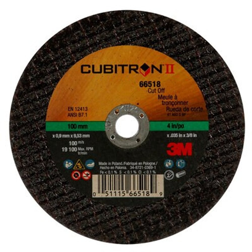 3M Cubitron II Cut-Off Wheel, 66518, 60, Type 1, 4 in x 0.035 in x 3/8 in, 25/Carton, 50 ea/Case