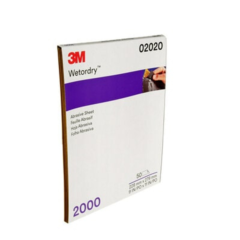 3M Wetordry Abrasive Sheet, 02020, 2000, 9 in x 11 in, 50 sheets percarton, 5 cartons/case 2020 Industrial 3M Products & Supplies | Black