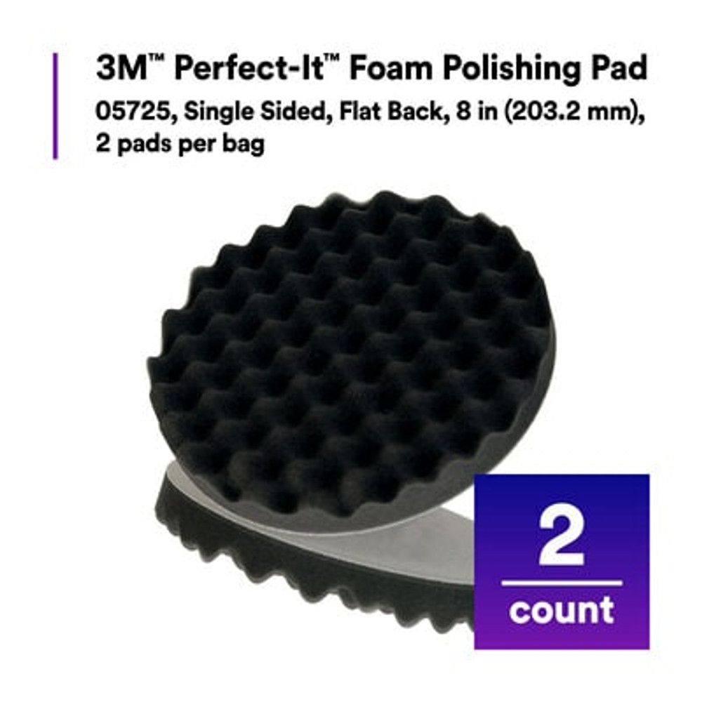 3M Perfect-It Foam Polishing Pad, 05725, Single Sided, Flat Back, 8 in
(203.2 mm), 2 pads per bag, 12 bags per case