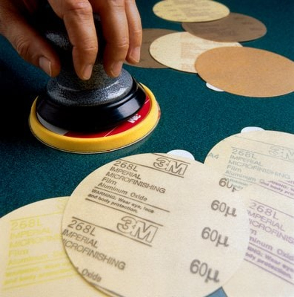 3M Hookit Microfinishing Film Disc 268L, 100 Mic 3MIL, Type D, 5 in x
NH, D/F 5HL, Die 500FH, 25/Bag, 500 ea/Case