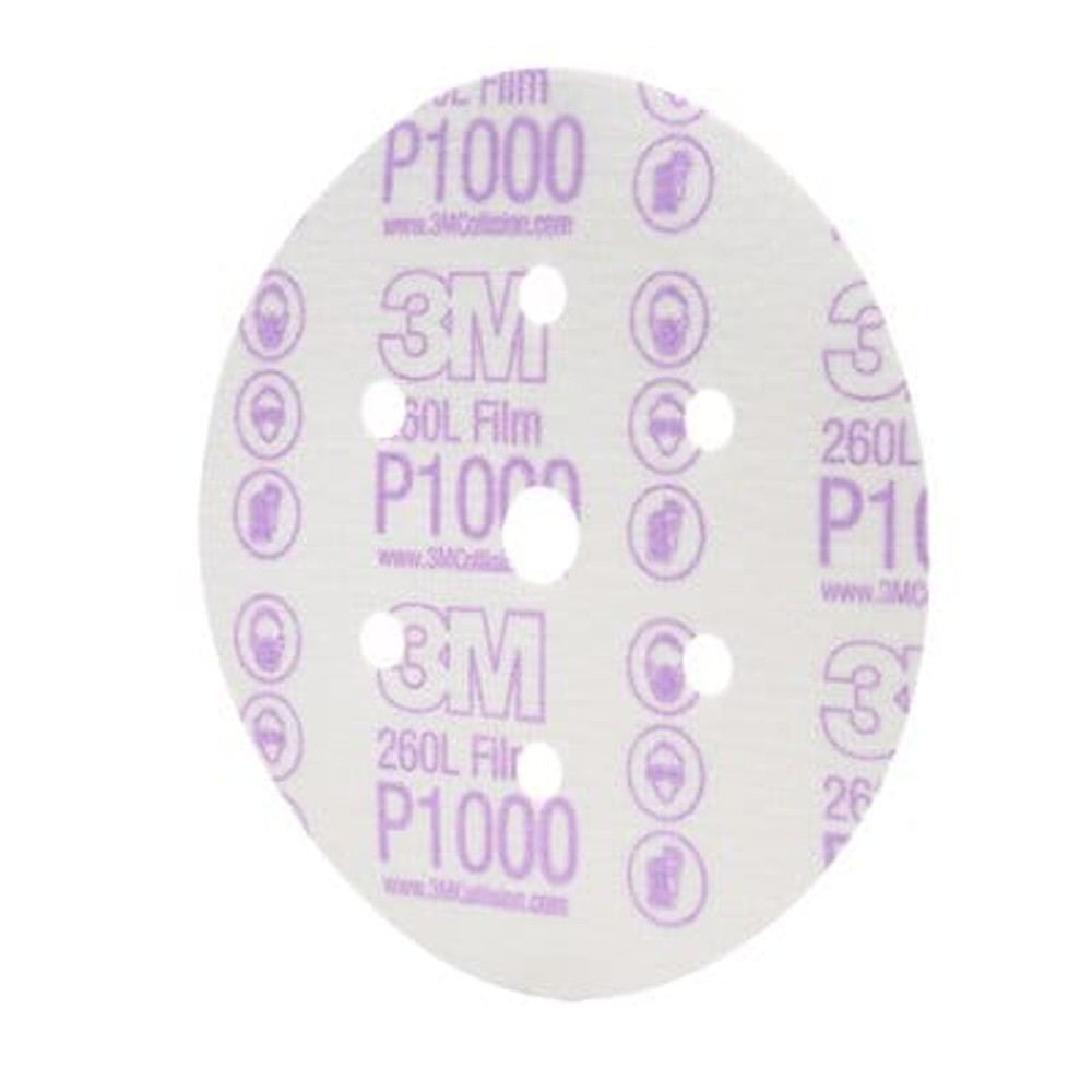 3M Hookit Finishing Film Abrasive Disc 260L, 01069, 6 in, Dust Free,
P1000, 100 discs per carton, 4 cartons per case