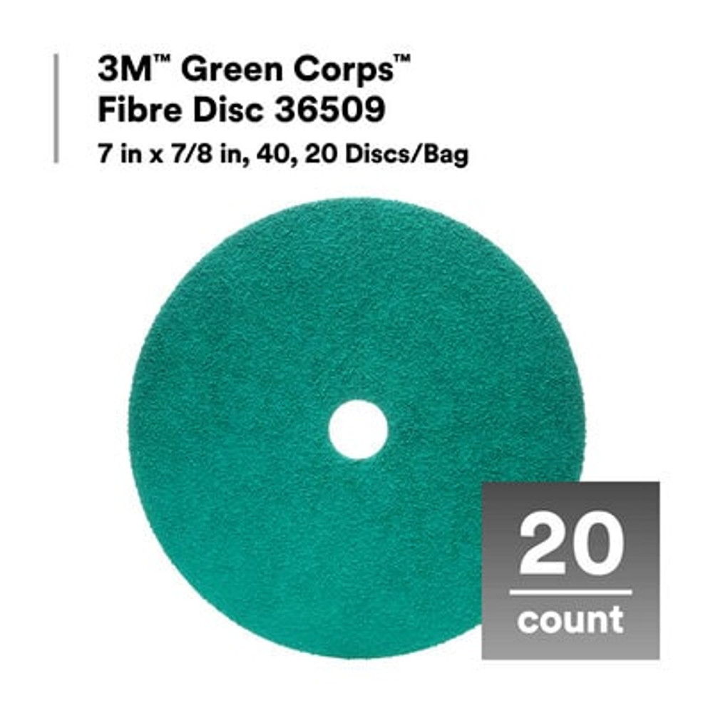 3M Green Corps Fibre Disc 36509, 7 in x 7/8 in, 40, 20 Discs/Bag, 5 Bags/Case