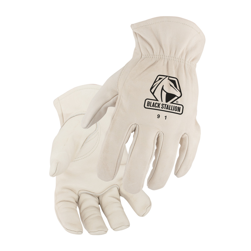 Black Stallion Grain COWHIDE - ELASTIC WRIST DRIVER'S STYLE GLOVES Small | White