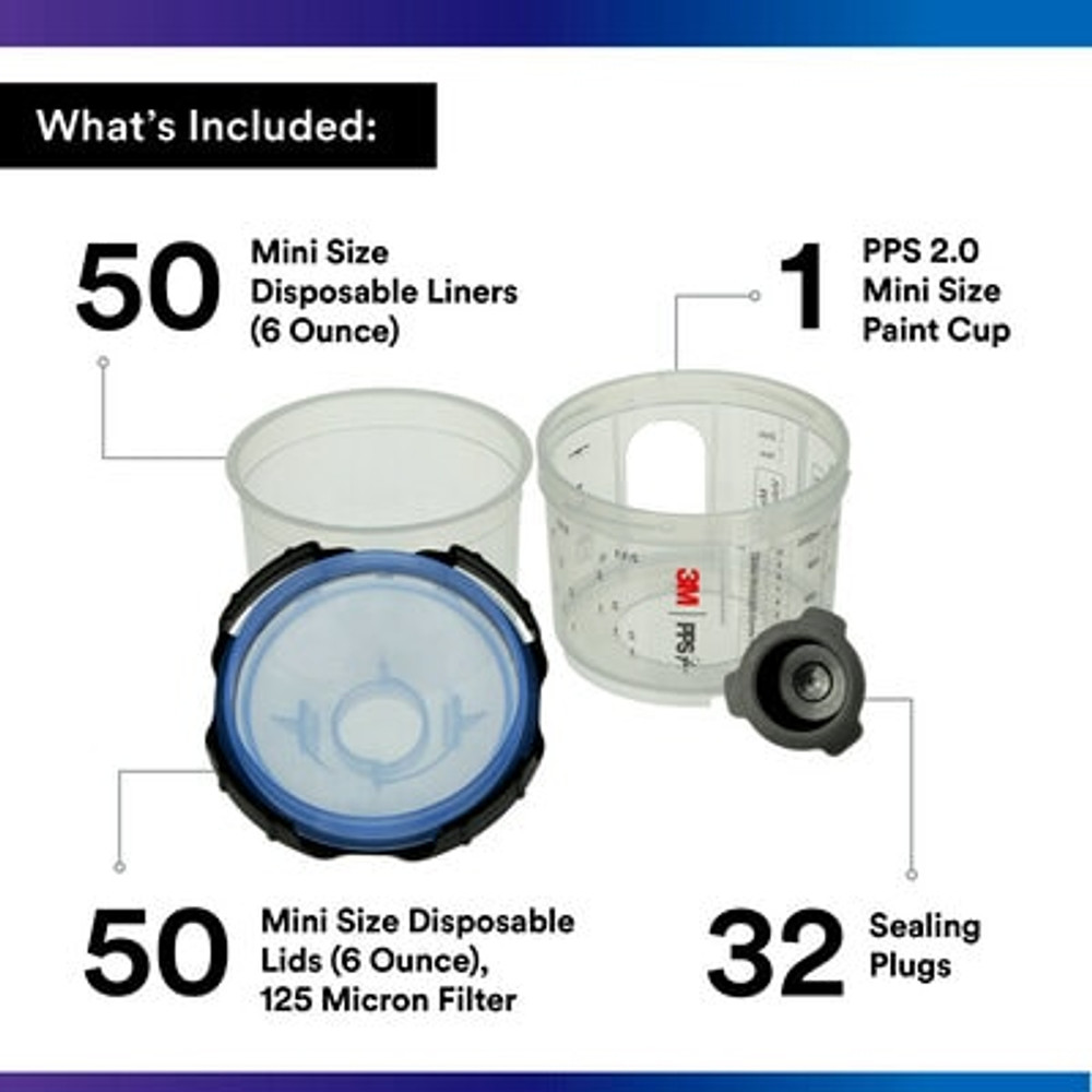 3M PPS Series 2.0 Spray Cup System Kit, 26314, Mini (6.8 fl oz, 200
mL), 125u Micron Filter, 1 kit per case