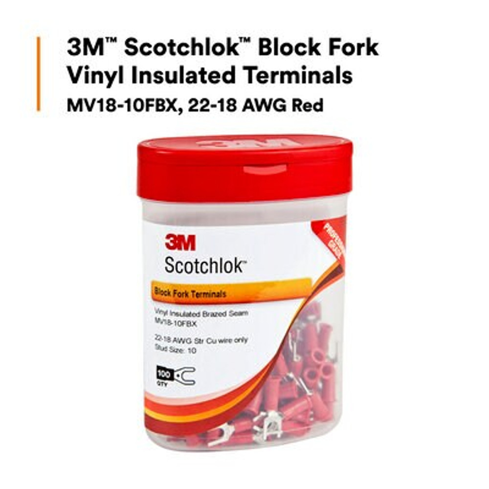3M Scotchlok Block Fork Vinyl Insulated, 100/bottle, MV18-10FBX,
suitable for use in a terminal block, 500/Case