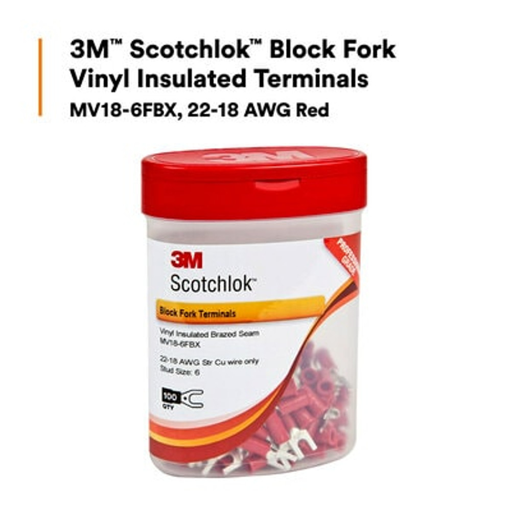 3M Scotchlok Block Fork Vinyl Insulated, 100/bottle, MV18-6FBX,
suitable for use in a terminal block, 500/Case