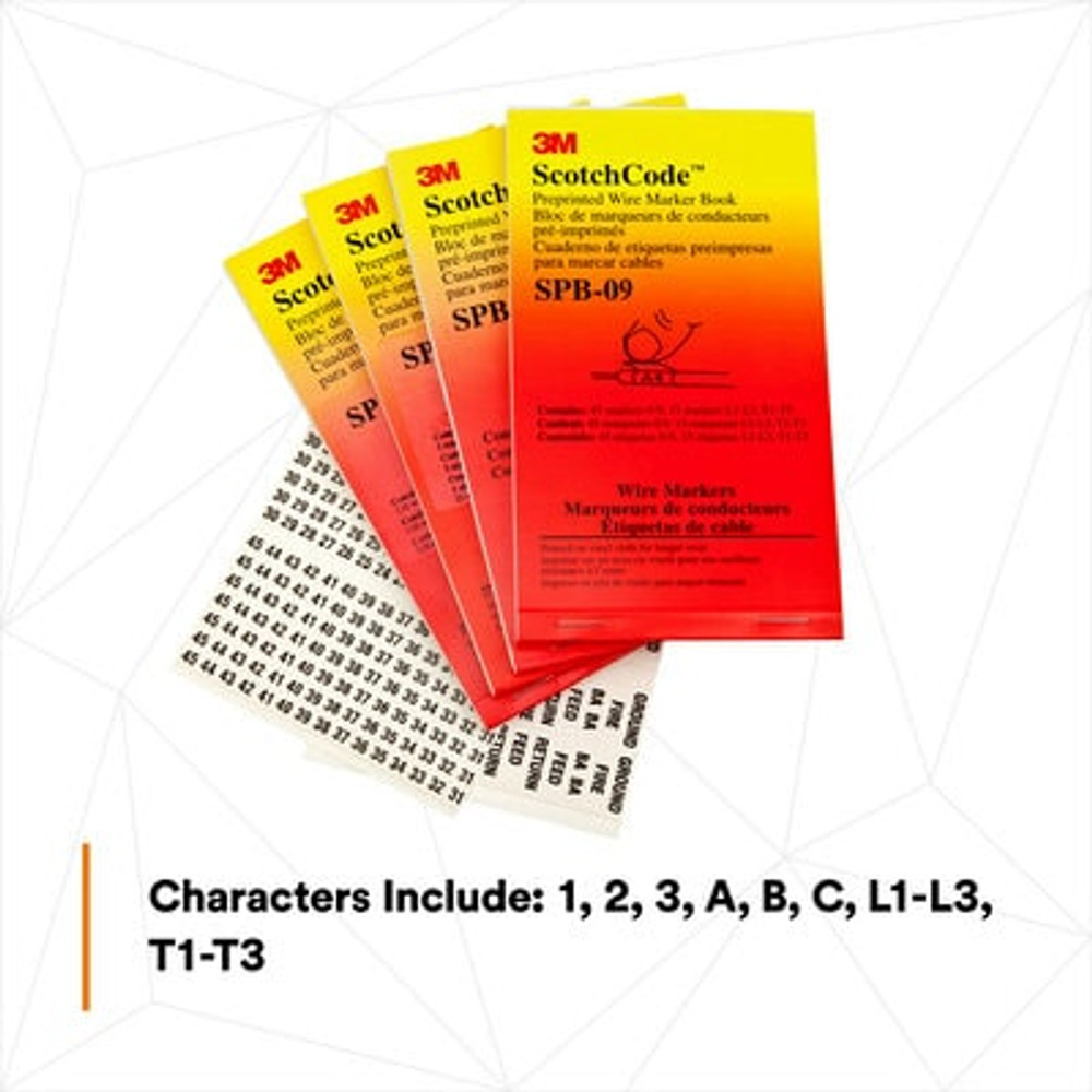 3M ScotchCode Pre-Printed Wire Marker Book SPB-09, black print on a
white background highlights the characters, 5/Bag