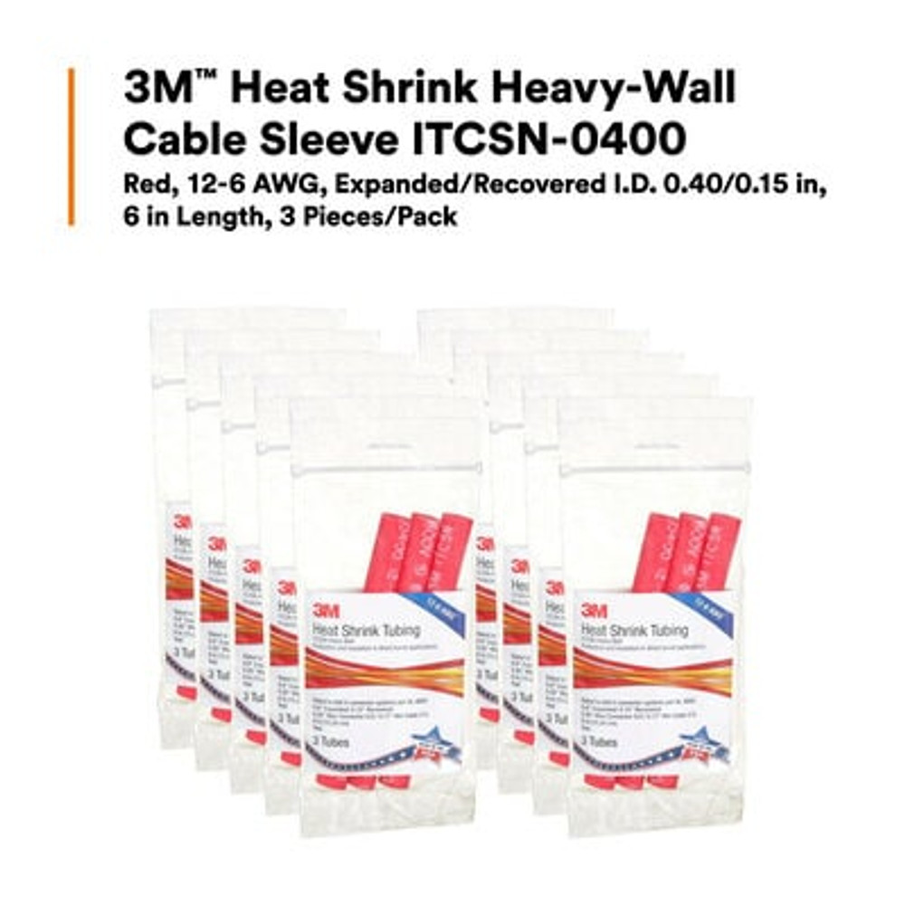 3M Heat Shrink Heavy-Wall Cable Sleeve ITCSN-0400, 3 pieces/pack,6 in Length pieces, 12 packs/case 60076 Industrial 3M Products & Supplies | Red