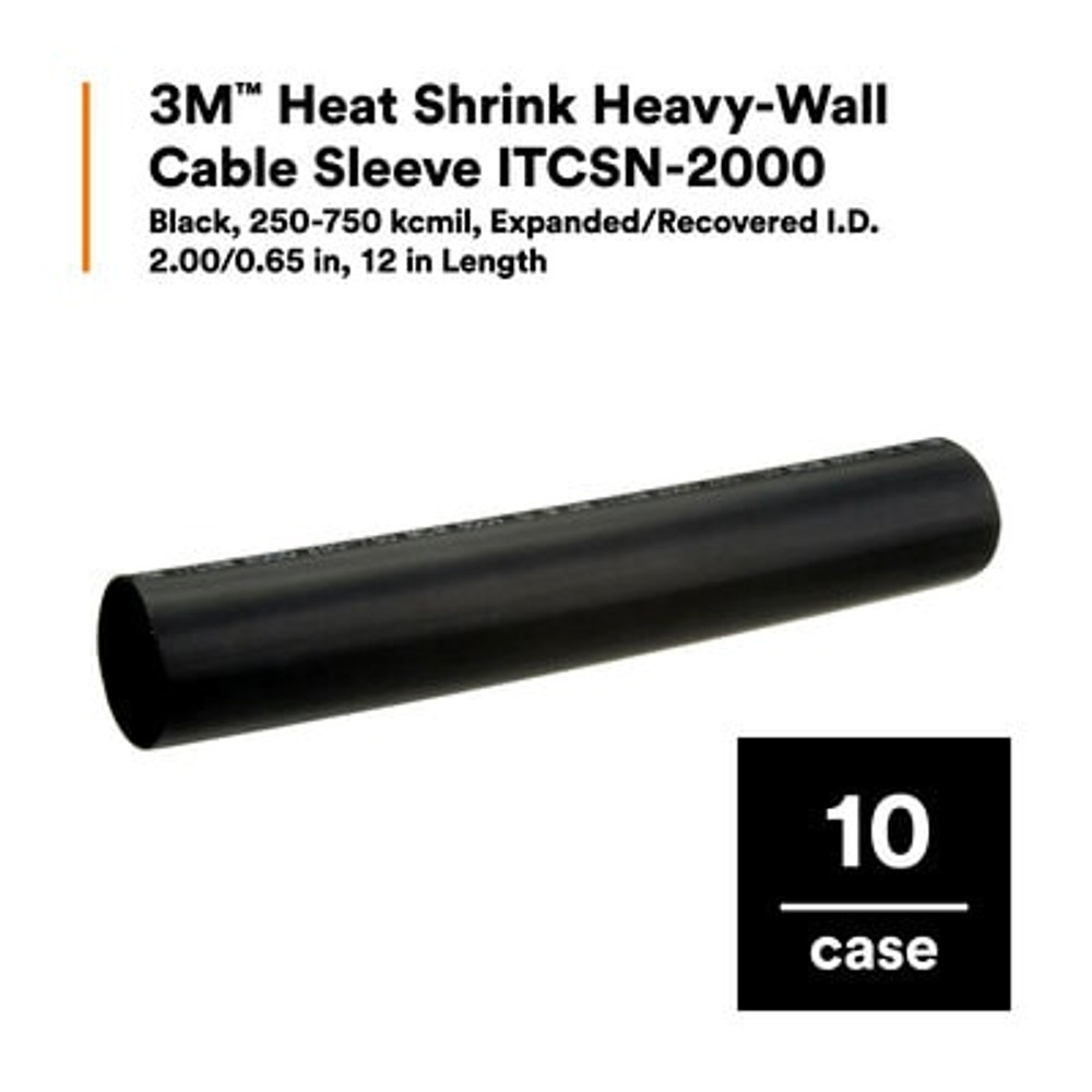 3M Heat Shrink Heavy-Wall Cable Sleeve ITCSN-2000, 250-750 kcmil,
Expanded/Recovered I.D. 2.00/0.65 in, 12 in Length, 10/Case