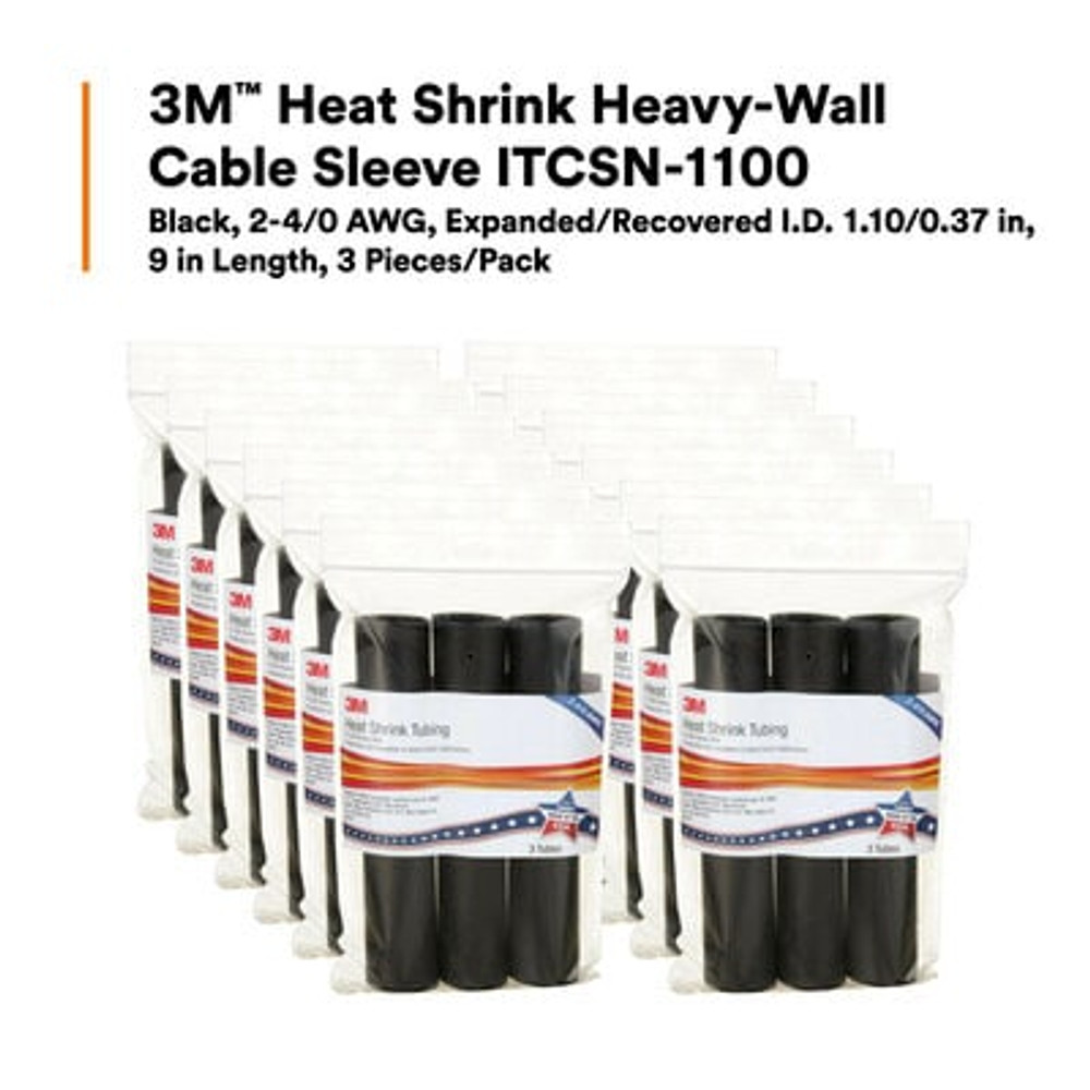 3M Heat Shrink Heavy-Wall Cable Sleeve ITCSN-1100, 9 in Length pieces,3 pieces/pack, 12 packs/case 60079 Industrial 3M Products & Supplies | Black