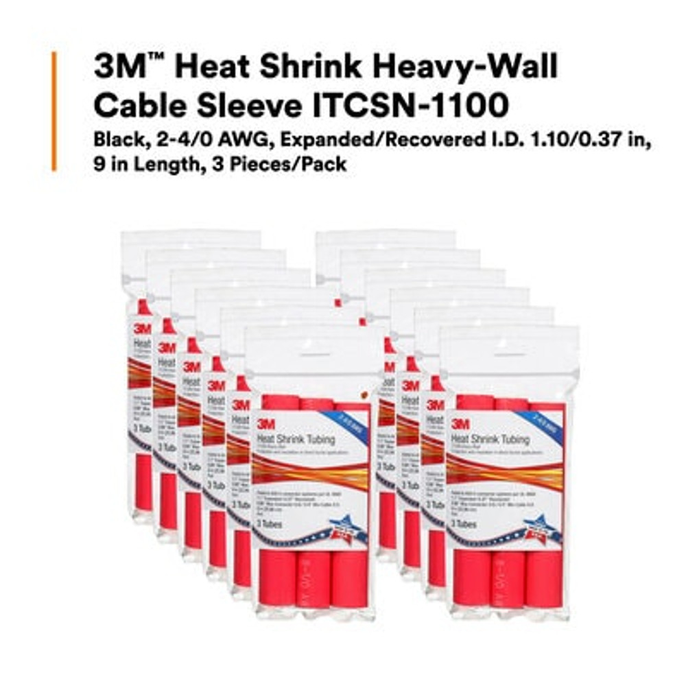 3M Heat Shrink Heavy-Wall Cable Sleeve ITCSN-1100, 9 in Lengthpieces, 3 pieces/pack, 12 packs/case 60080 Industrial 3M Products & Supplies | Red