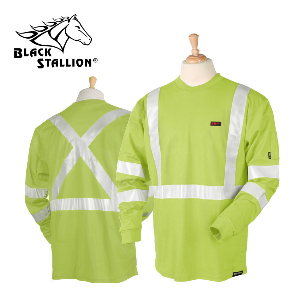 FLAME RESISTANT TREATED COTTON T-SHIRT w/ SILVER REFLECTIVE - Long Sleeve XL Black Stallion