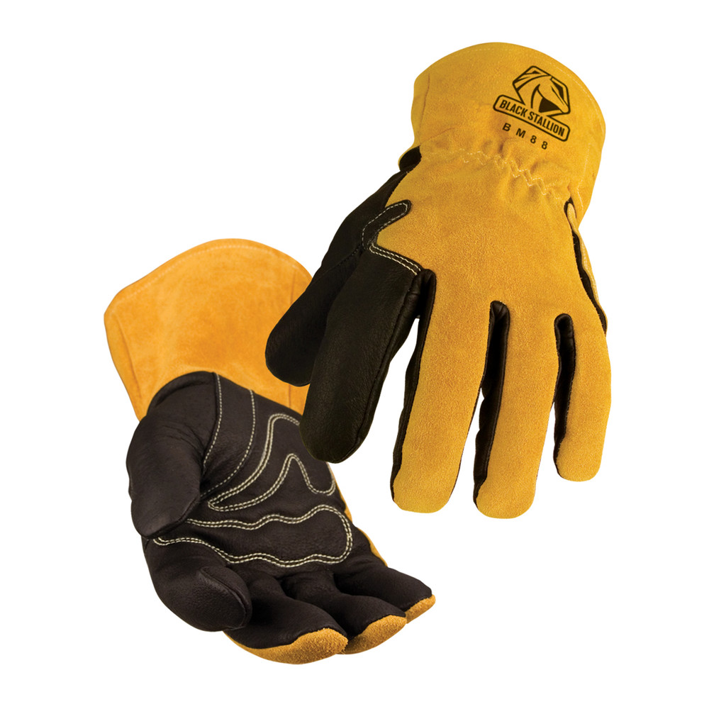 Black Stallion BSX PREMIUM Grain Pigskin PALM, COWHIDE Back MIG WELDING GLOVES 2XL | Black/Golden Tan