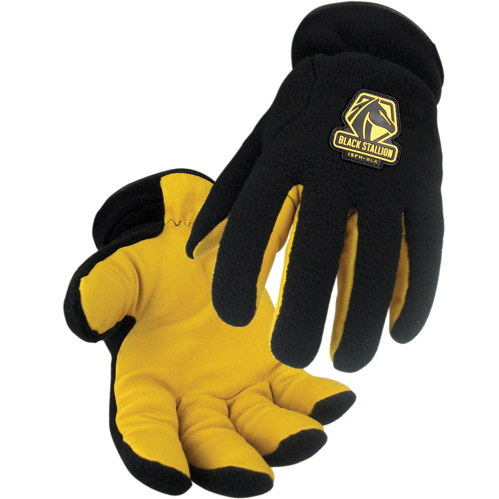 Black Stallion FUZZYHAND POLAR FLEECE/GRA in Pigskin INSULATED DRIVER'S STYLE GLOVES Medium | Black/Gold