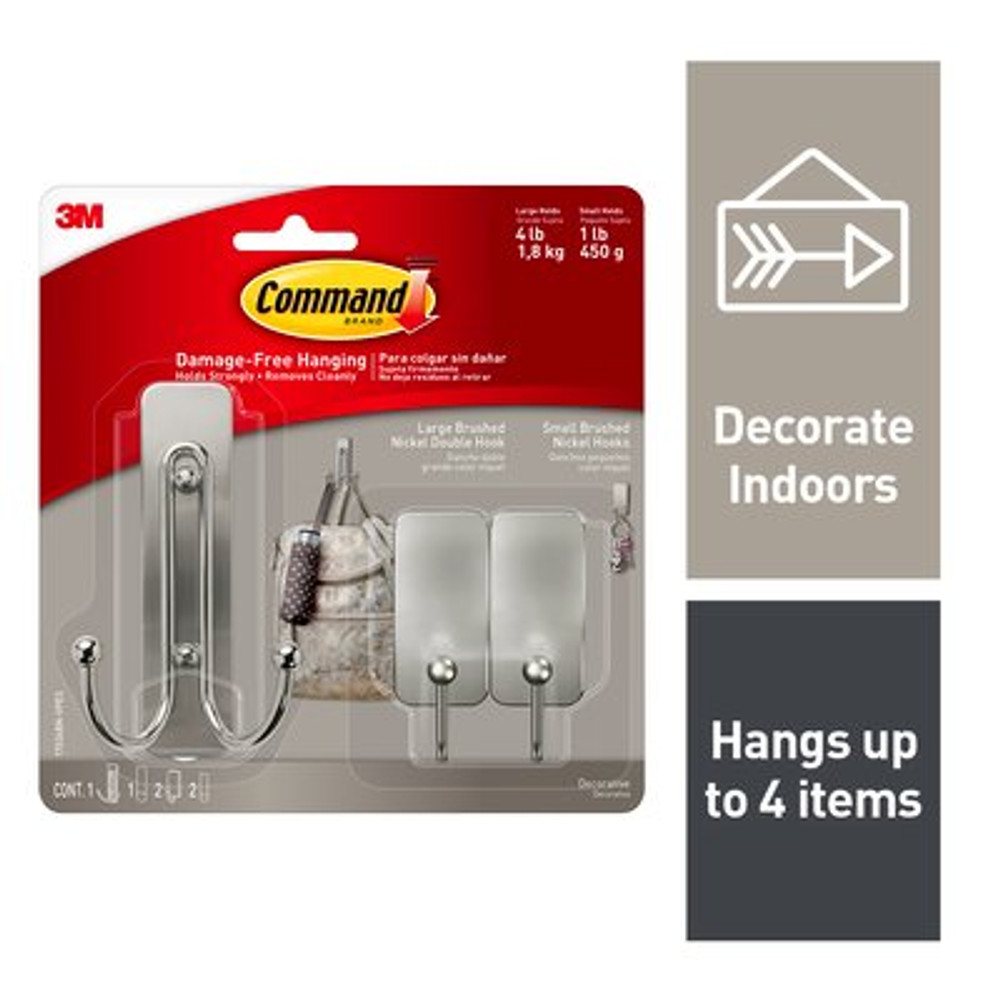 Command Large Double and Small Brushed Nickel Hooks, 17036BN-VPES
