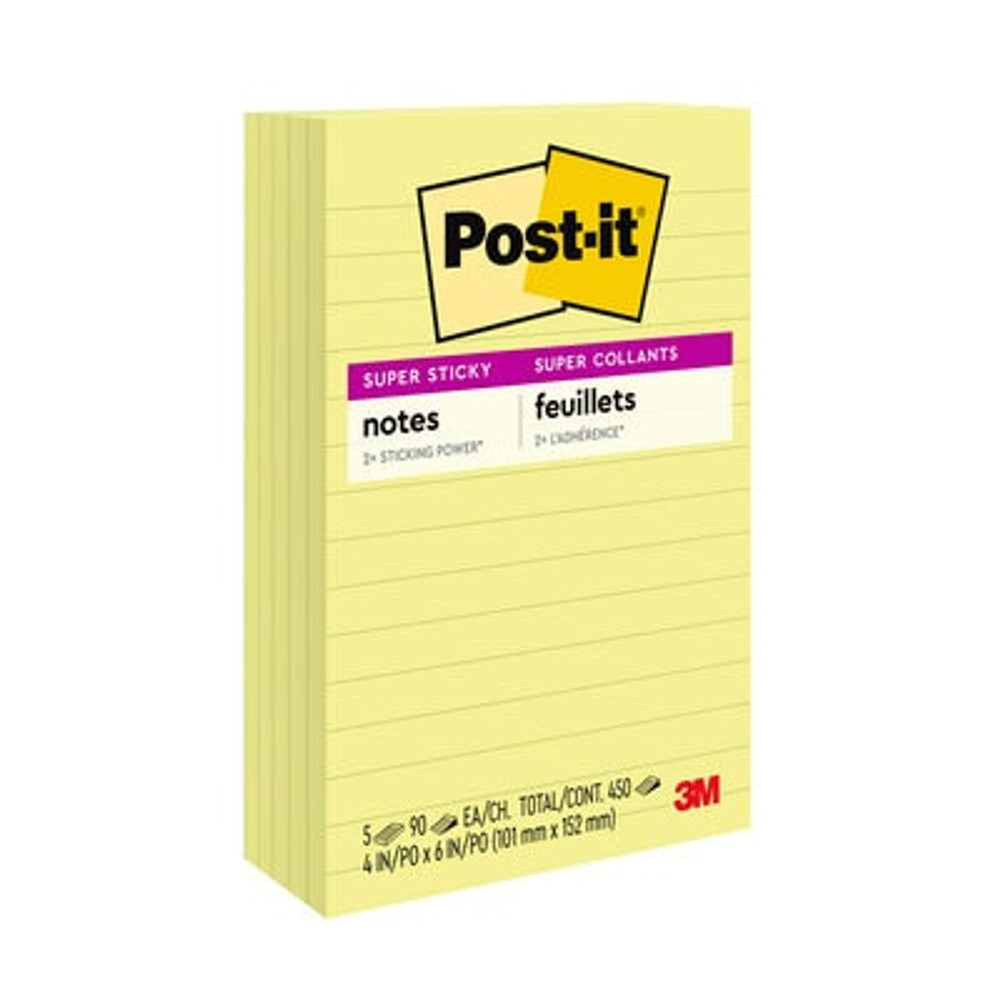 Post-it® Super Sticky Notes, 4 in x 6 in, Canary Yellow, Lined, 5 Pads/Pack