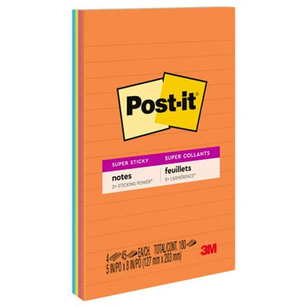 Post-it® Super Sticky Notes, 5 in x 8 in, Energy Boost Collection, Lined, 4 Pads/Pack
