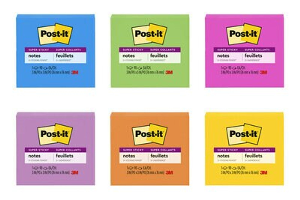 Post-it® Super Sticky Notes, 654-SSPK, 3 in x 3 in (76 mm x 76 mm), Assorted Colors