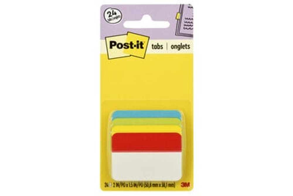 Post-it® Tabs, 2 in., Solid, Assorted Primary Colors, 6 Tabs/Color, 4 Colors, 24 Tabs/Pack