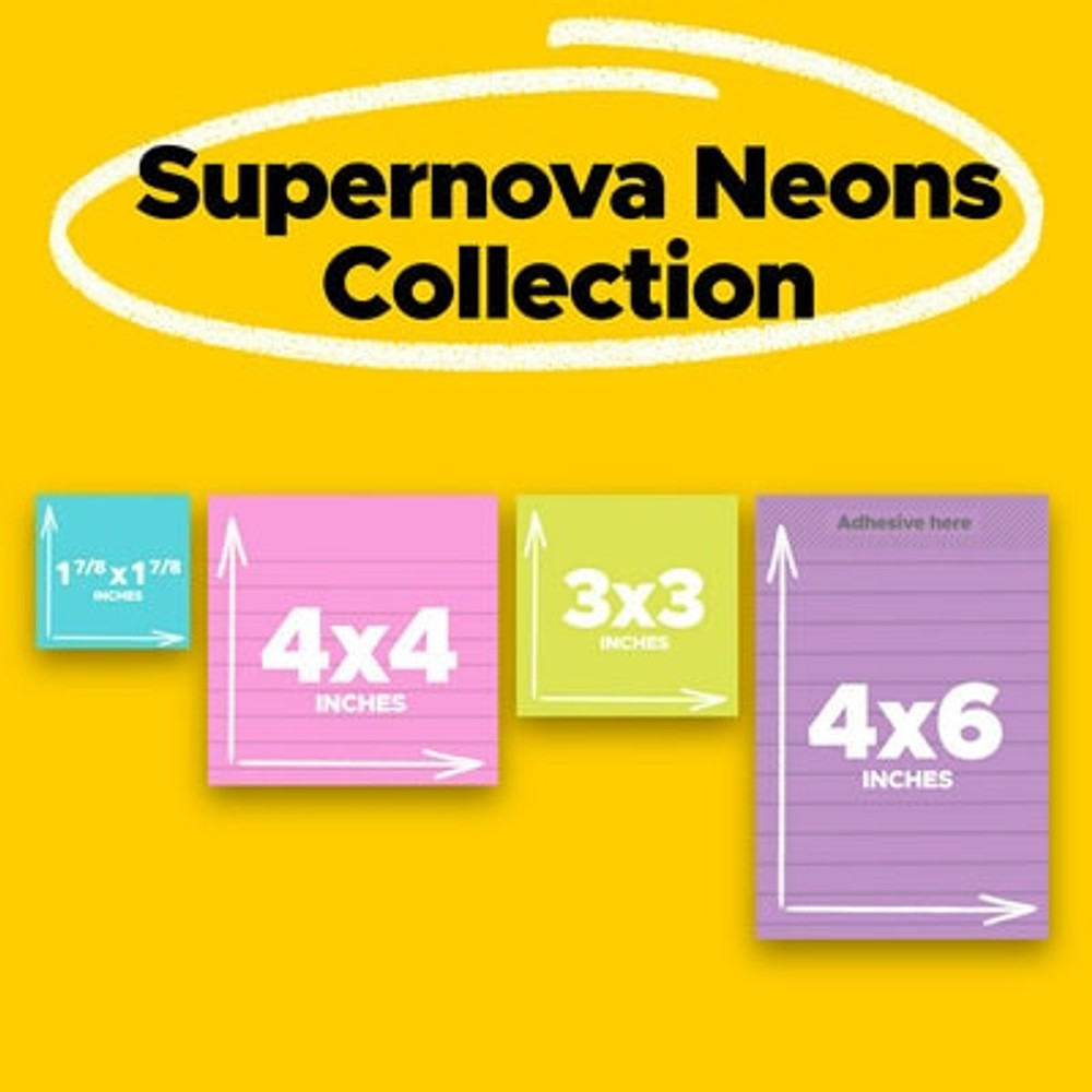 Post-it Super Sticky Notes 4622-SSMIA, Multi Sizes, Supernova Neons Collection, 4 Pads/Pack, 45 Sheets/Pad