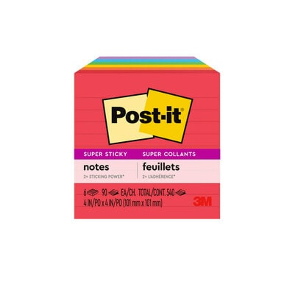 Post-it® Super Sticky Notes, 4 in x 4 in, Lined, 6 pads, 90 sheets. Playful Primaries Colors