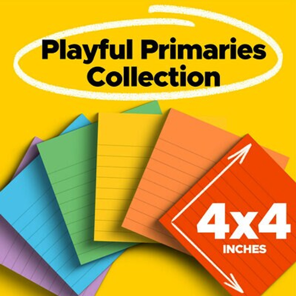 Post-it Super Sticky Notes 675-6SSAN, 4 in x 4 in (101 mm x 101 mm), Playful Primaries Collection, Lined, 6 Pads/Pack
