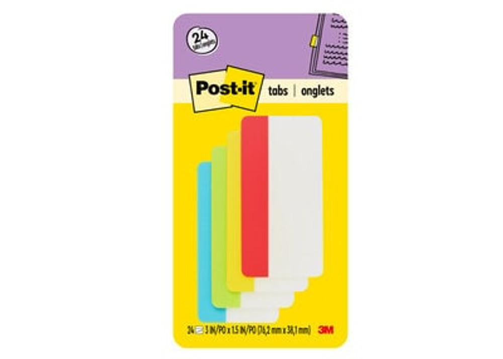 Post-it® Tabs, 3 in., Solid, Assorted Primary Colors, 6 Tabs/Color, 4 Colors, 24 Tabs/Pack