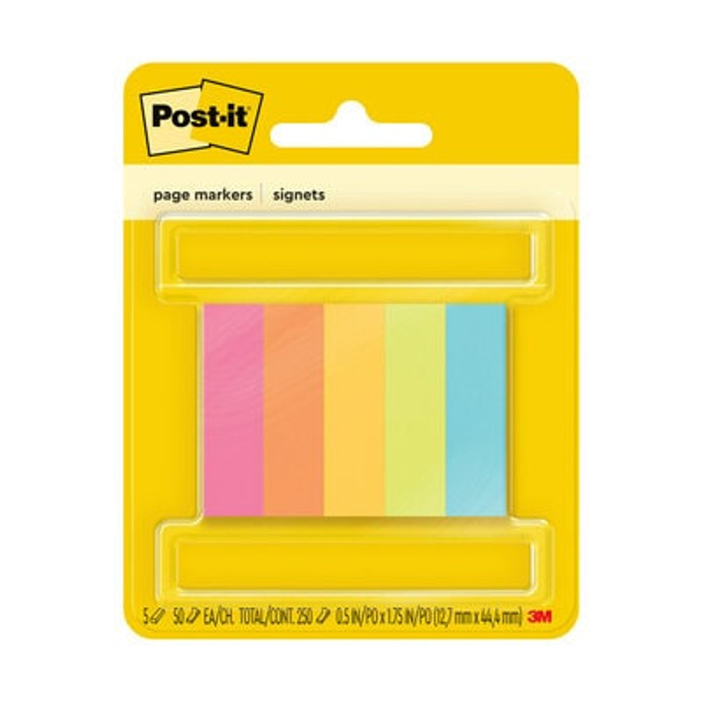Post-it® Page Markers, Assorted Colors , 1/2 in. x 2 in., 50 Sheets/Pad, 5 Pads/Pack