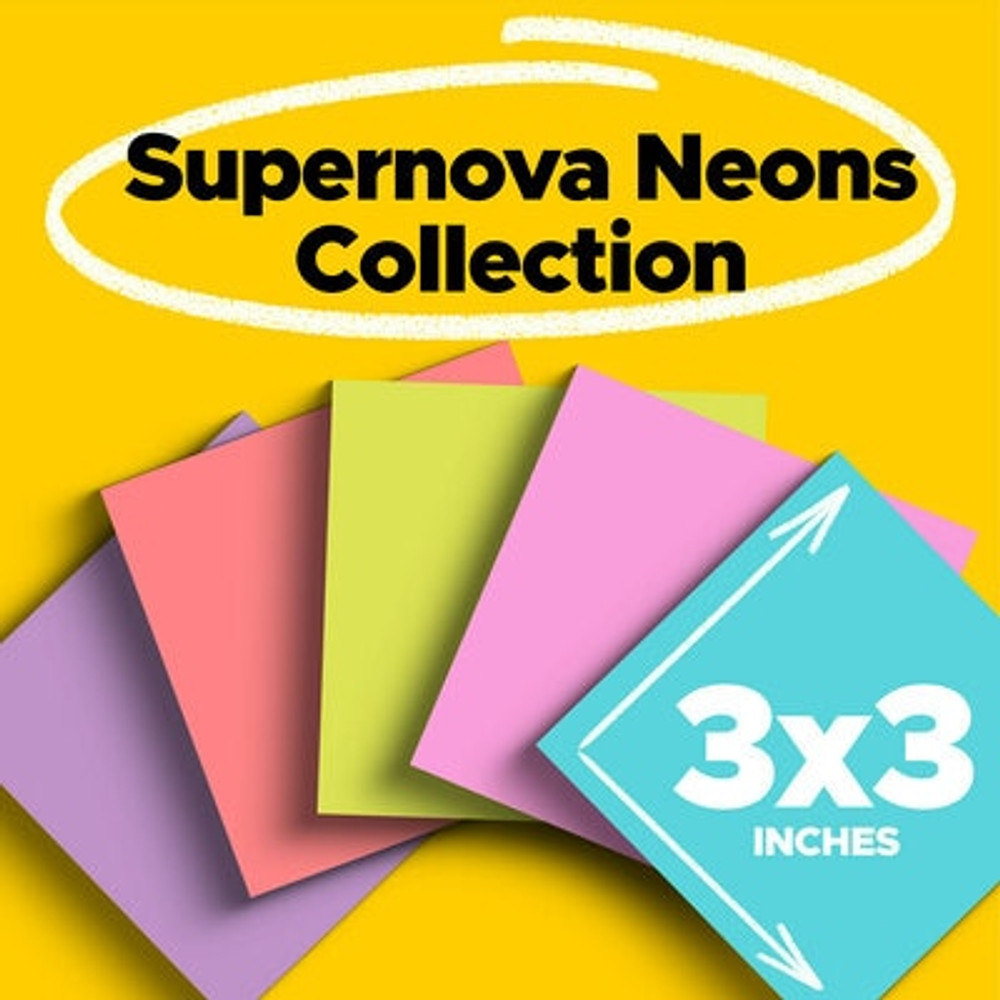 Post-it Super Sticky Notes 654-12SSMIA, 3 in x 3 in (76 mm x 76 mm), Supernova Neons, 12 Pads/Pack, 90 Sheets/Pad 670